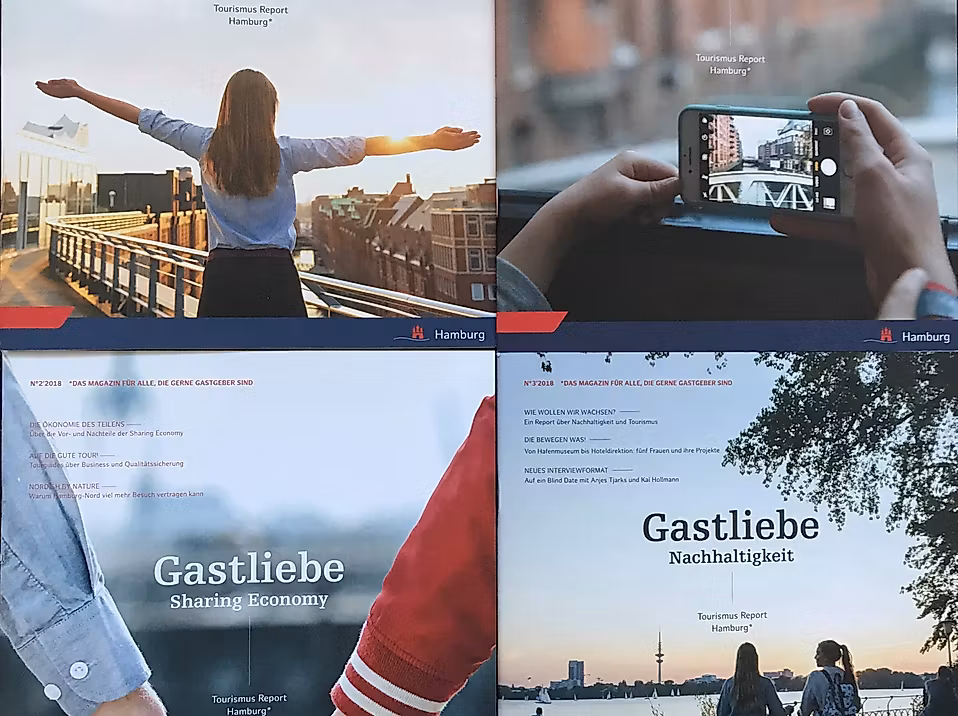 Vier Social Media-Motive der Kampagne „Gastliebe“ mit Menschen, Hamburg-Motiven und emotionalen Momenten